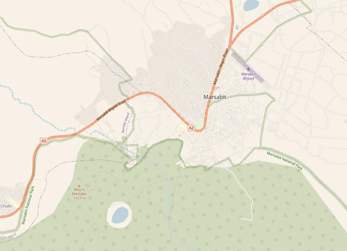 Vector map of Marsabit showing roads, boundaries, the airport, and Marsabit National Park