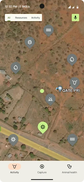 InfoRange satellite map with category markers and capture navigation